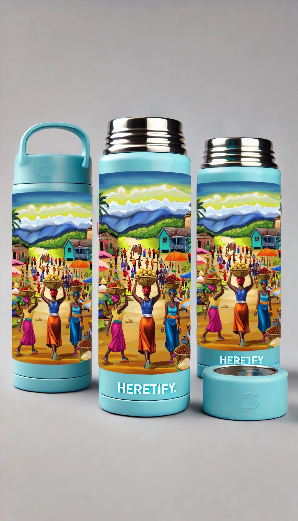 Heretify Tumbler featuring Haitian market art.